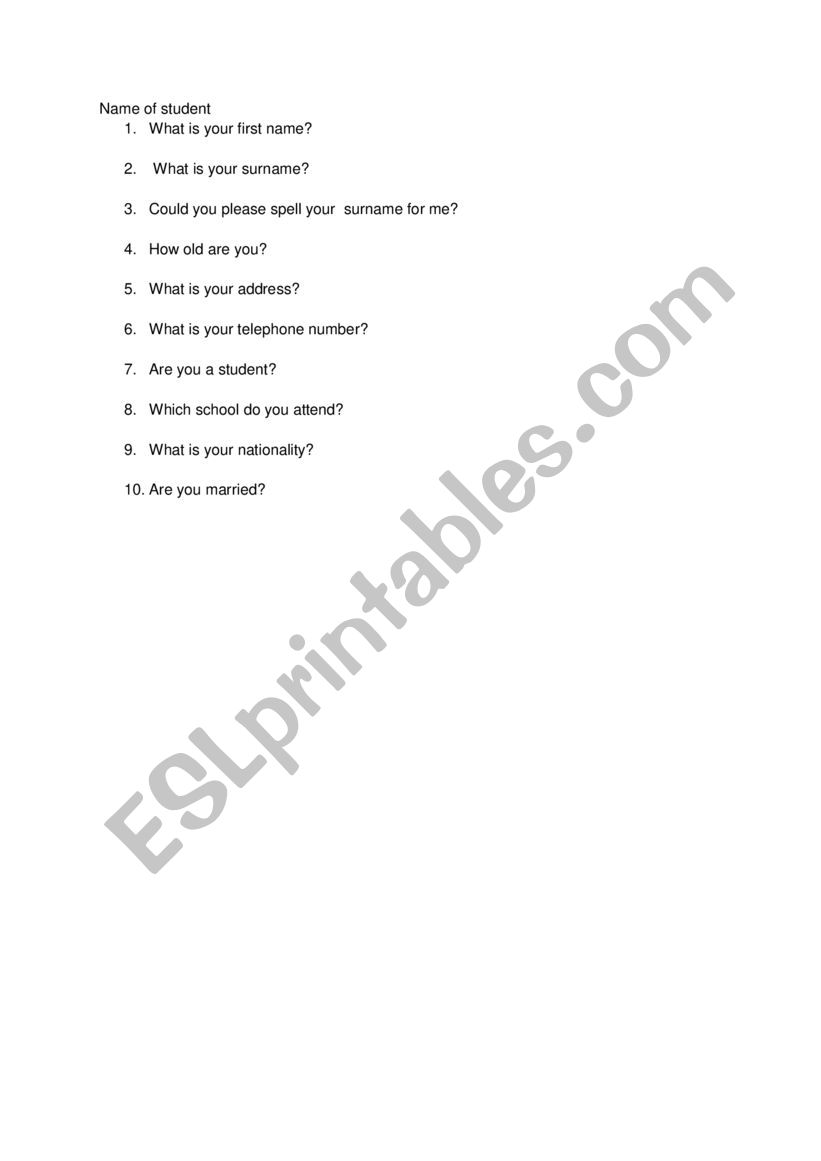 Questions to ask New ESL students to get an understanding of their language abiltity.
