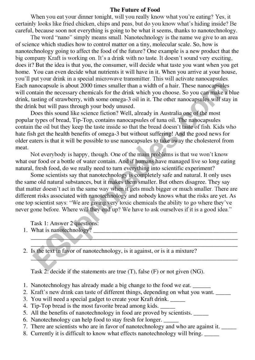 Nanotechnology worksheet