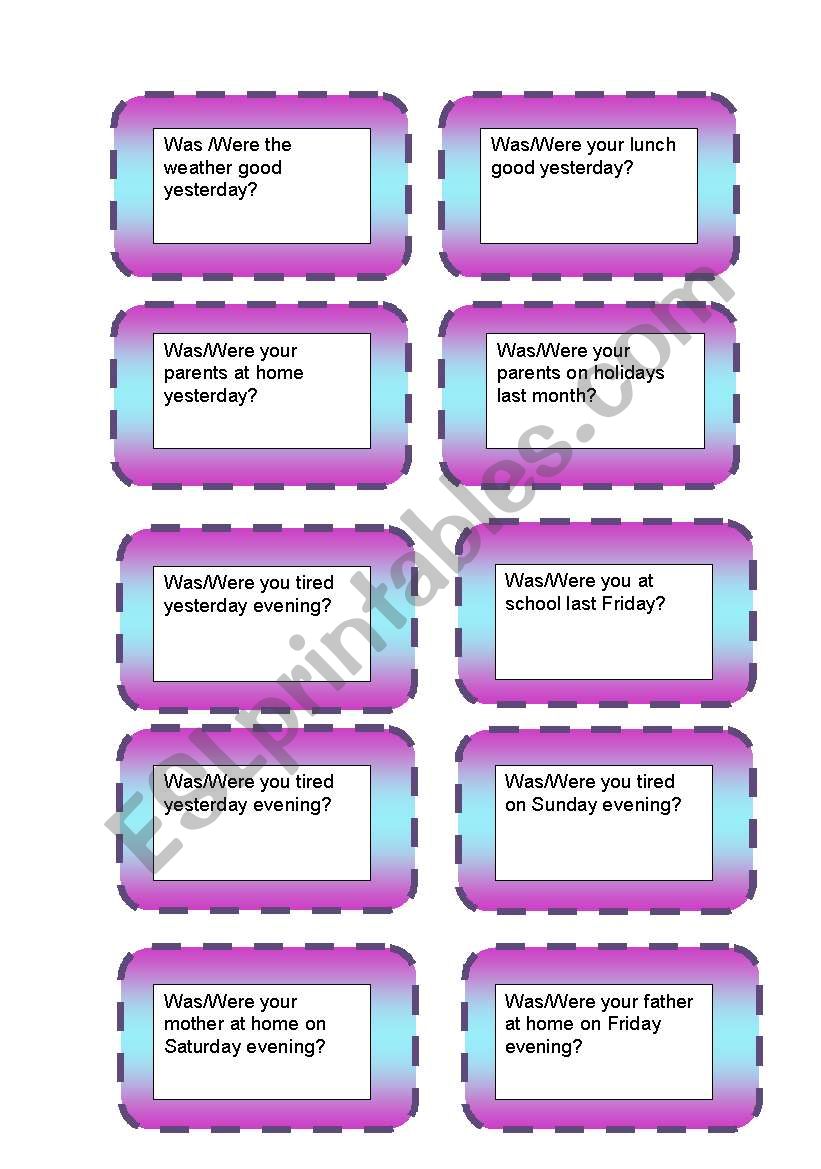 simple past:  was and were activity cards