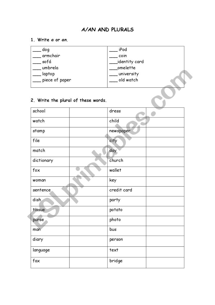 A/an and plurals. worksheet