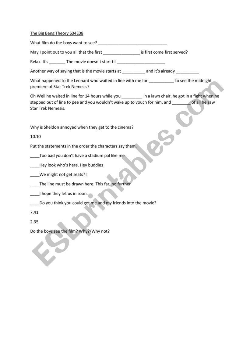 Big Bang Theory Comprehension - ESL worksheet by MWatkins