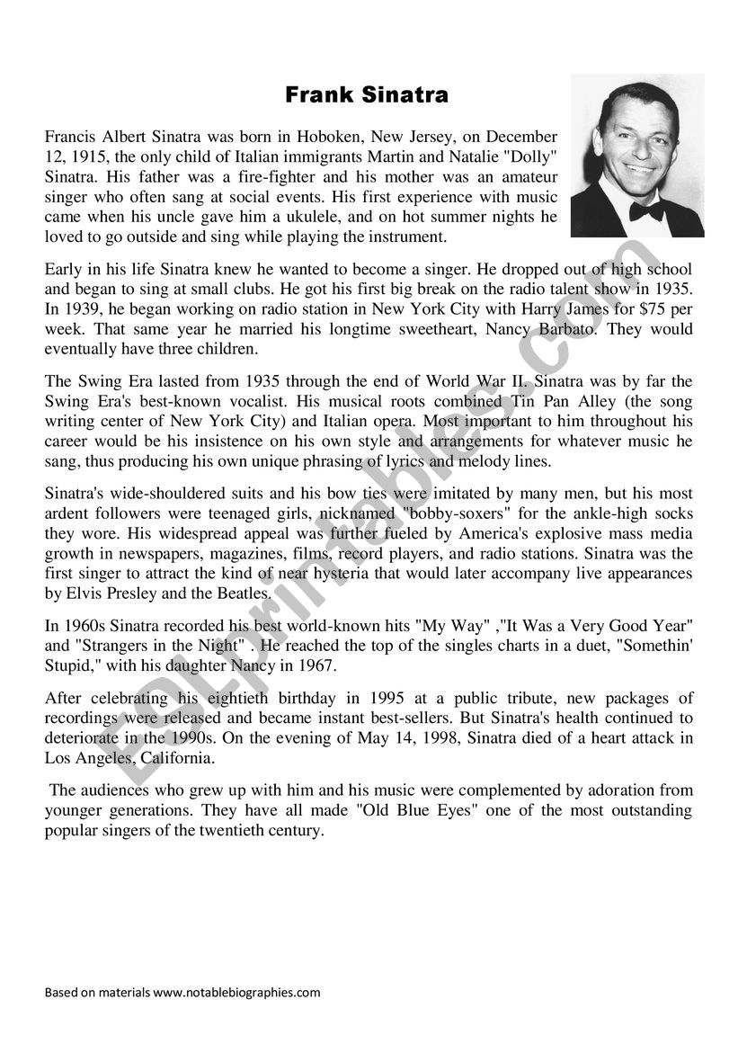 Frank Sinatra bio worksheet