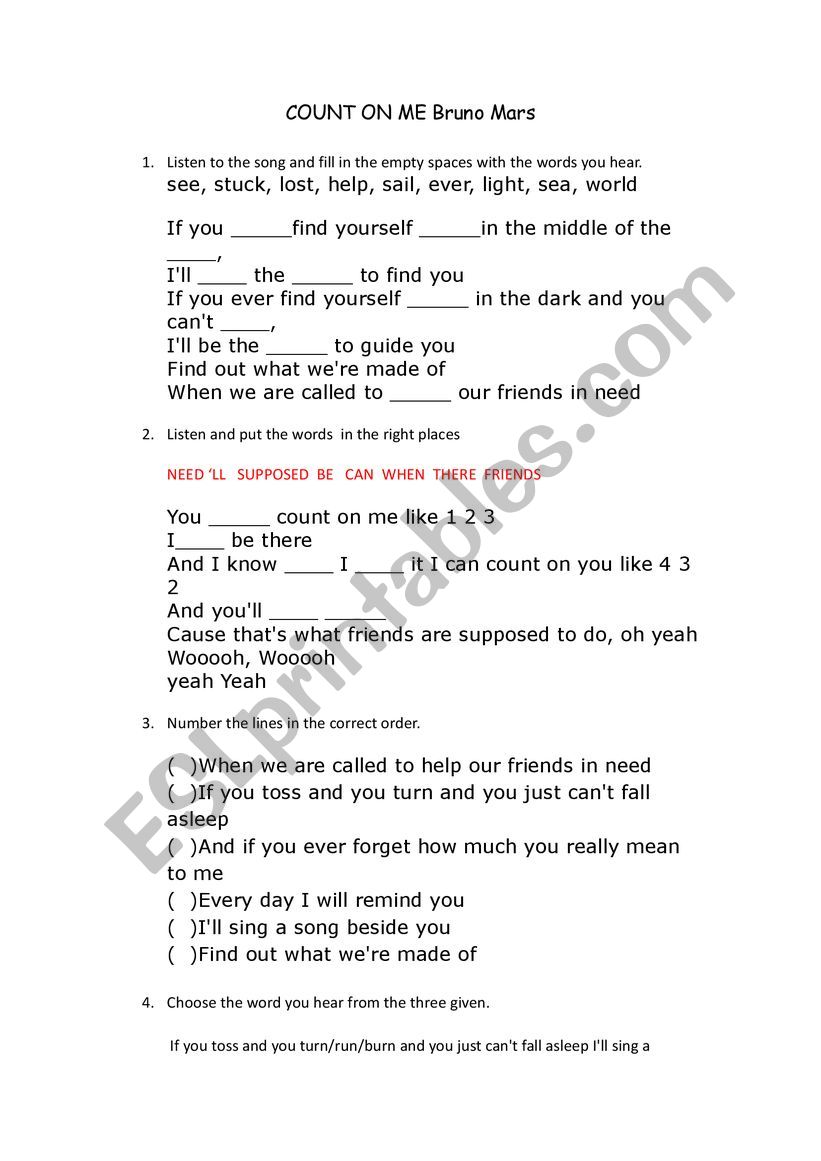 Bruno Mars worksheet