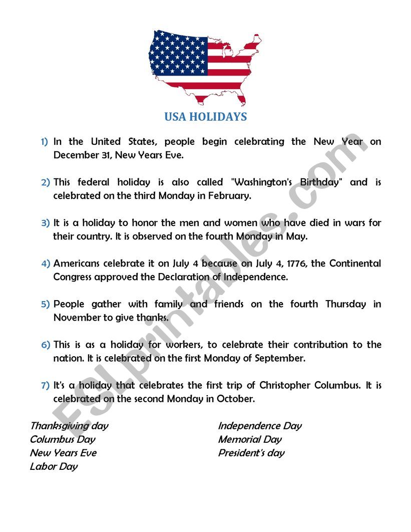 USA Holidays worksheet