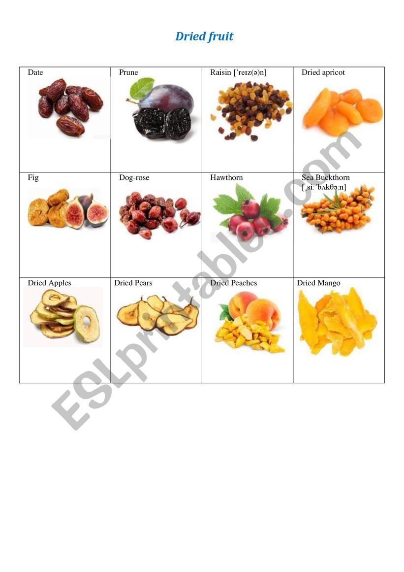 Dried fruit worksheet