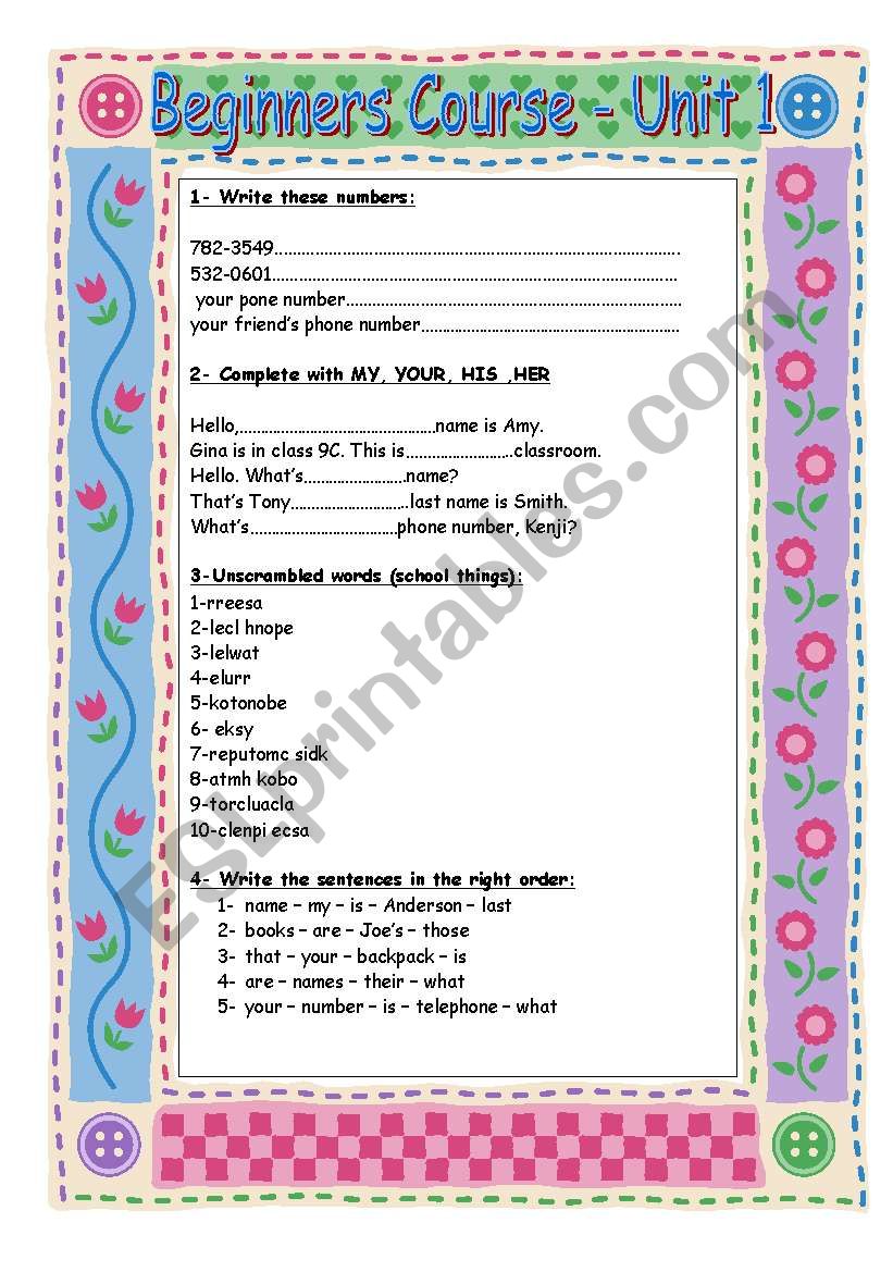 BEGINNERS COURSE - UNIT 1 worksheet