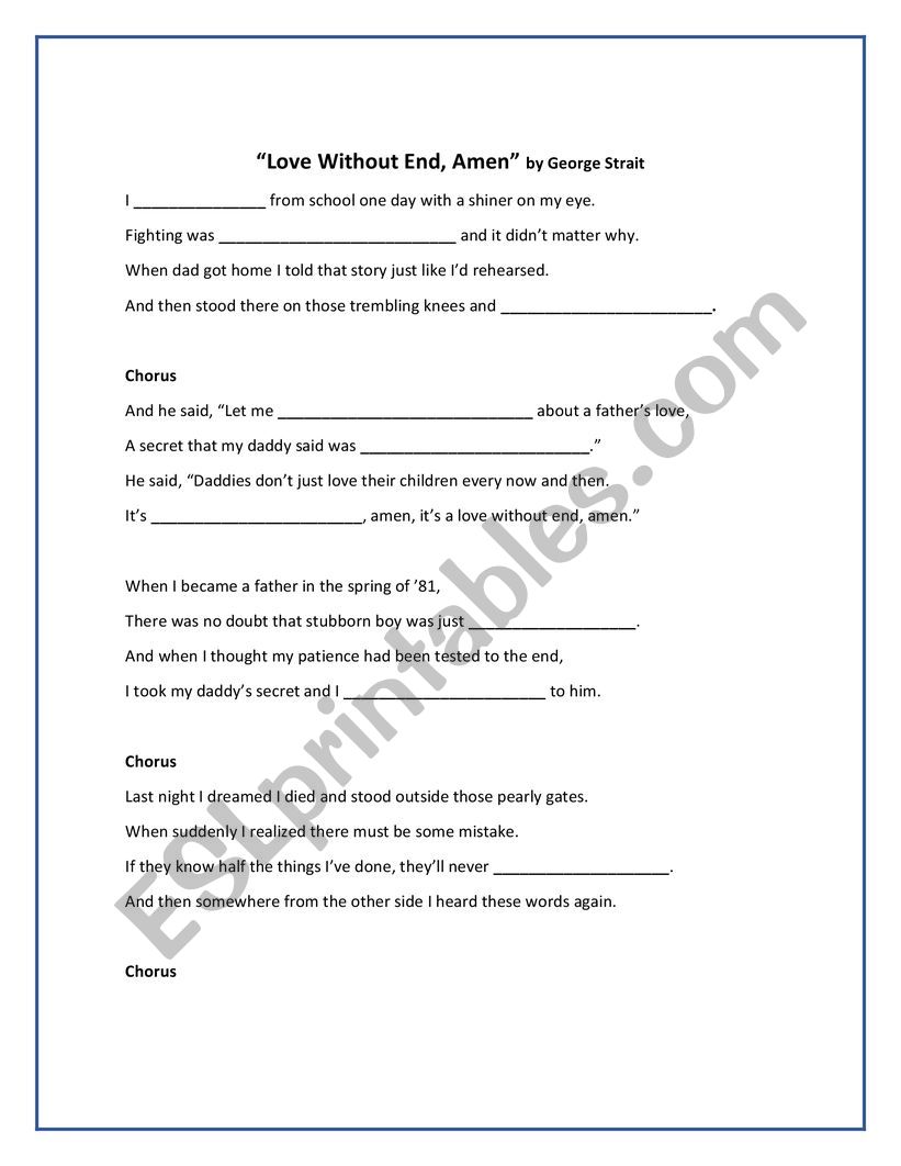 A Love Without End Amen by George Strait worksheet