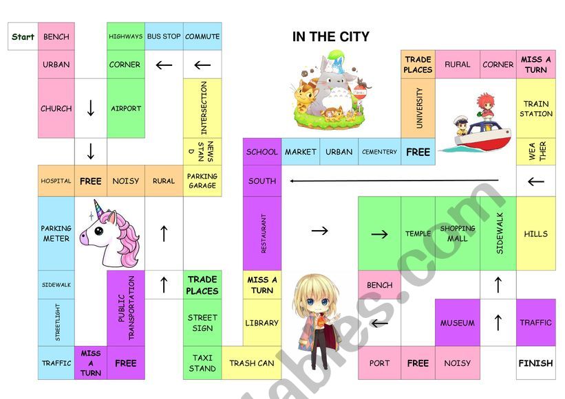 PLACES IN A CITY BOARD GAME worksheet