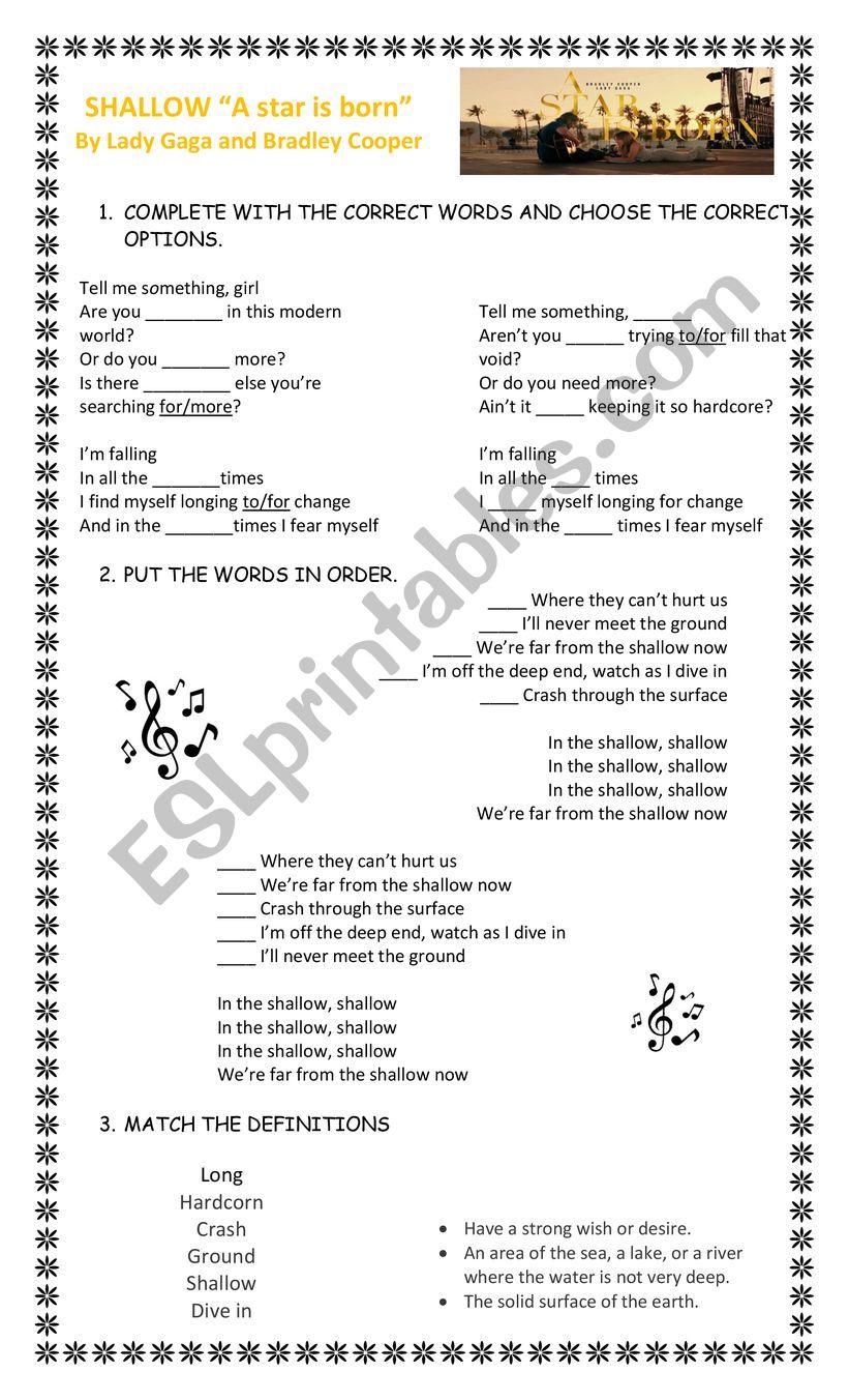 shallow by lady gaga worksheet