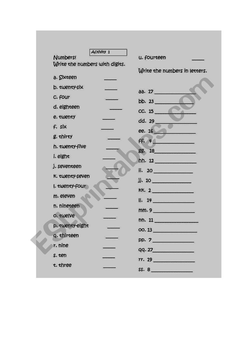 numbers worksheet