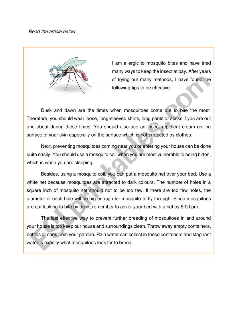 mosquito bites worksheet