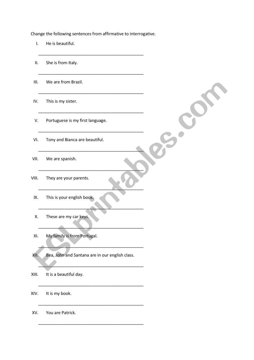 Affirmative and interrogative worksheet