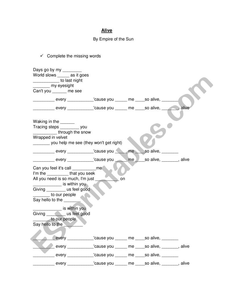 Alive - Empire of the Sun worksheet