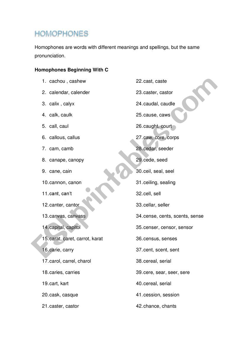 Homophones with C worksheet