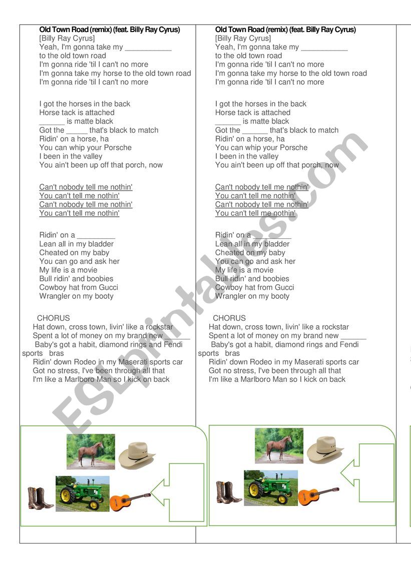 Song Old Town Road worksheet