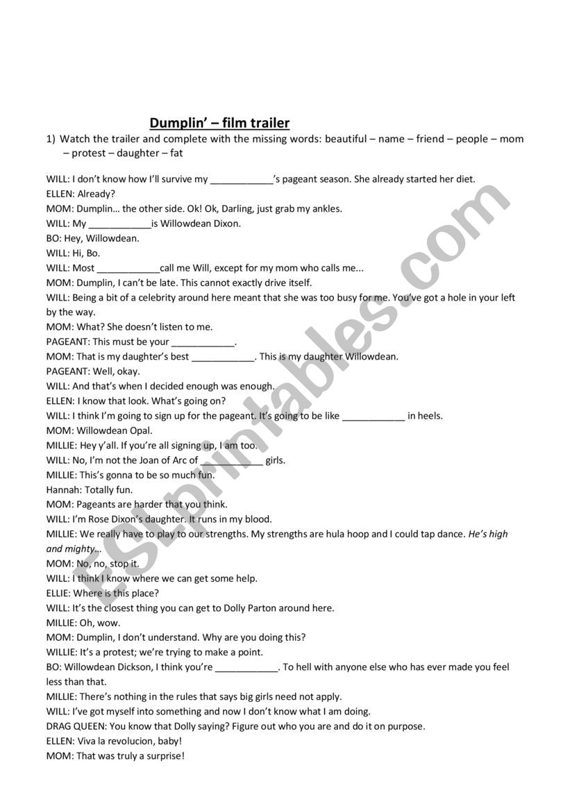 Film trailer - Dumplin  worksheet