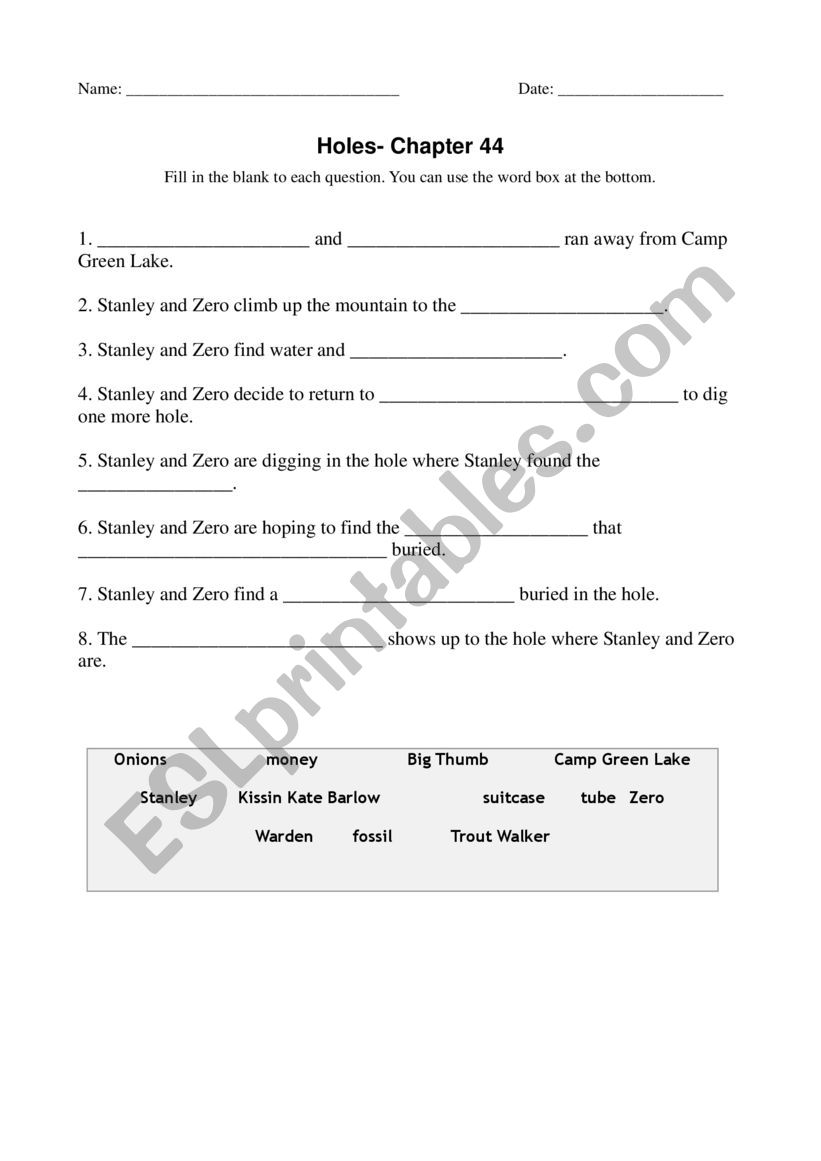 Holes Chapter 44 reading Activity