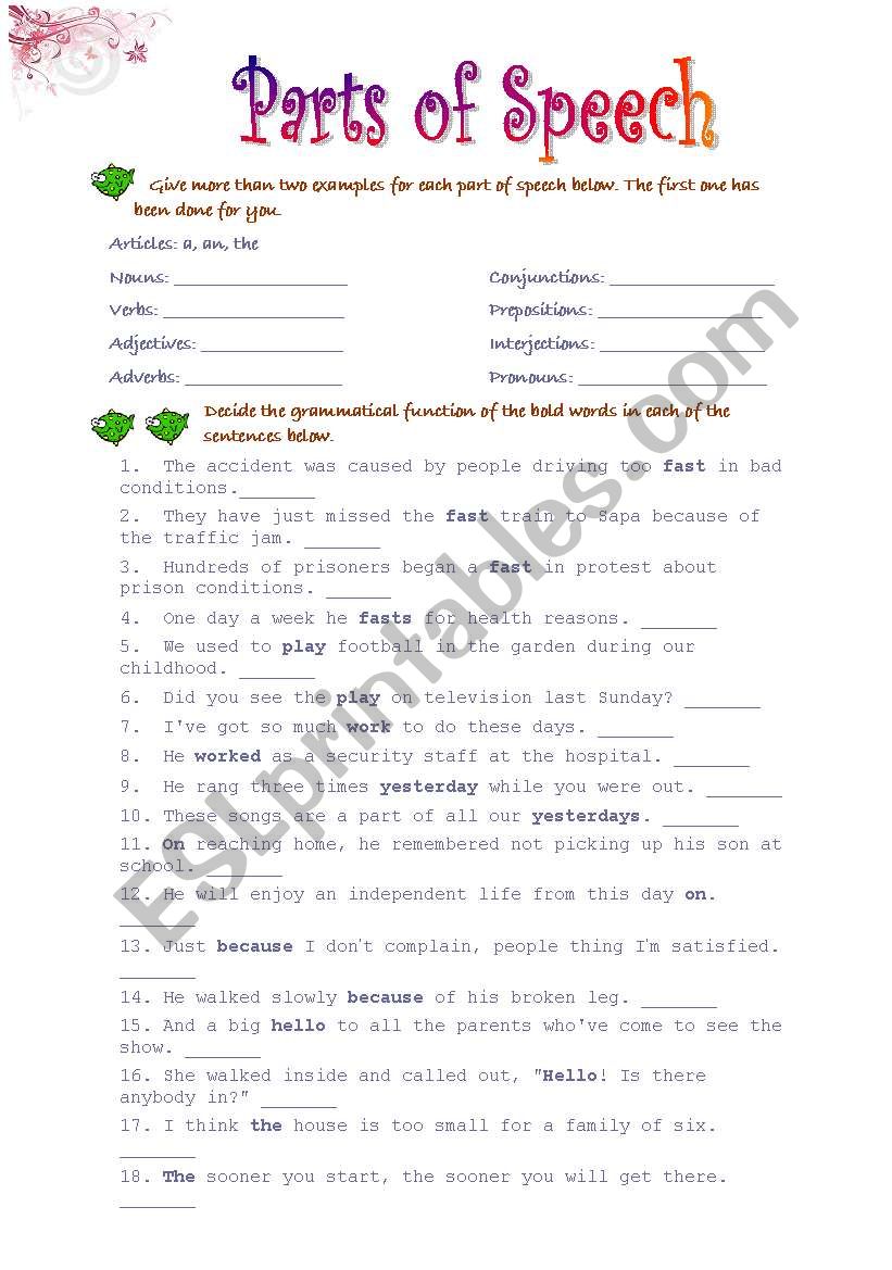 English Fundamentals Exercise 2 Parts Of Speech Worksheet