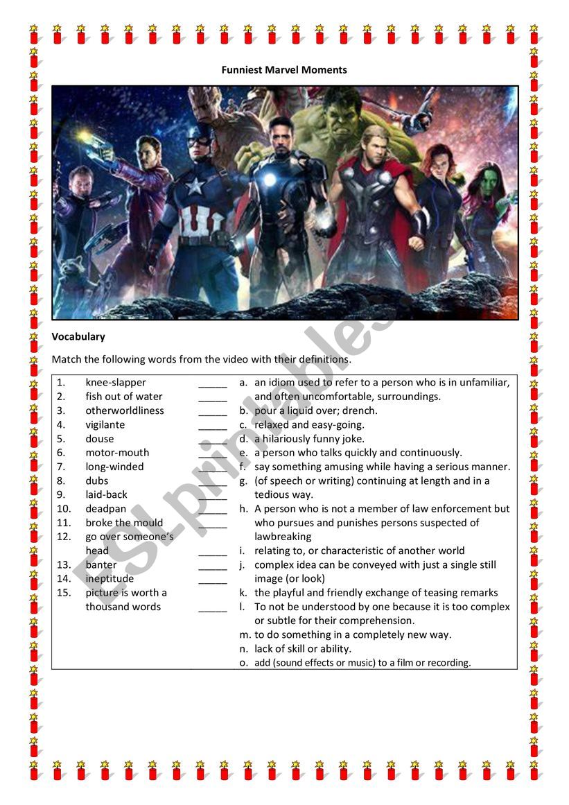 Marvel Legends Worksheets.pdf Marvel´s Funniest Moments - ESL worksheet by Li-ann