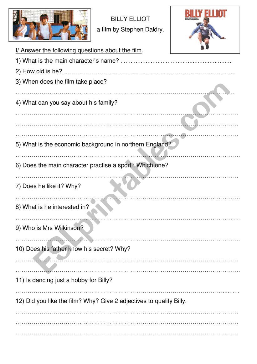 Billy Elliot film questions worksheet