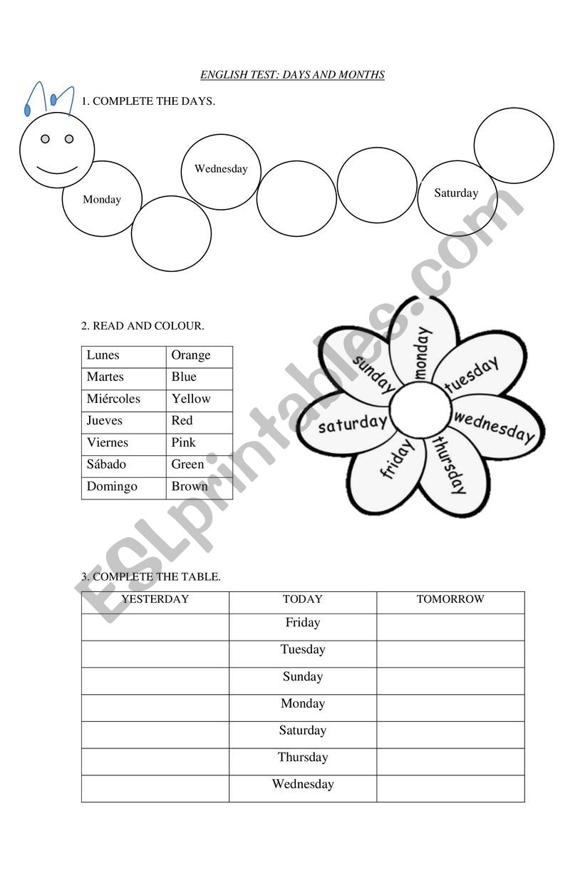 days and months worksheet