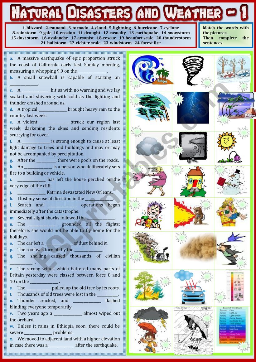 Natural Disasters and Weather Part 1. Pictionary + vocabulary in sentences + KEY