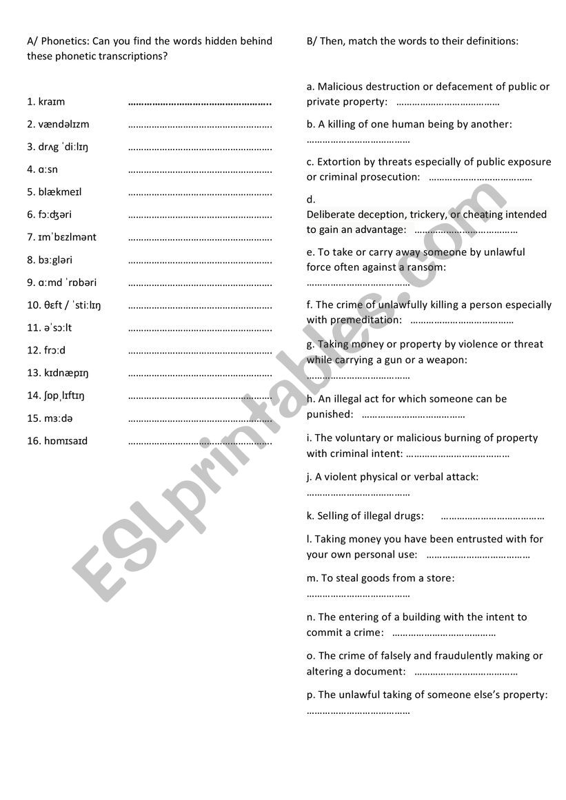 Vocabulary of Crime worksheet