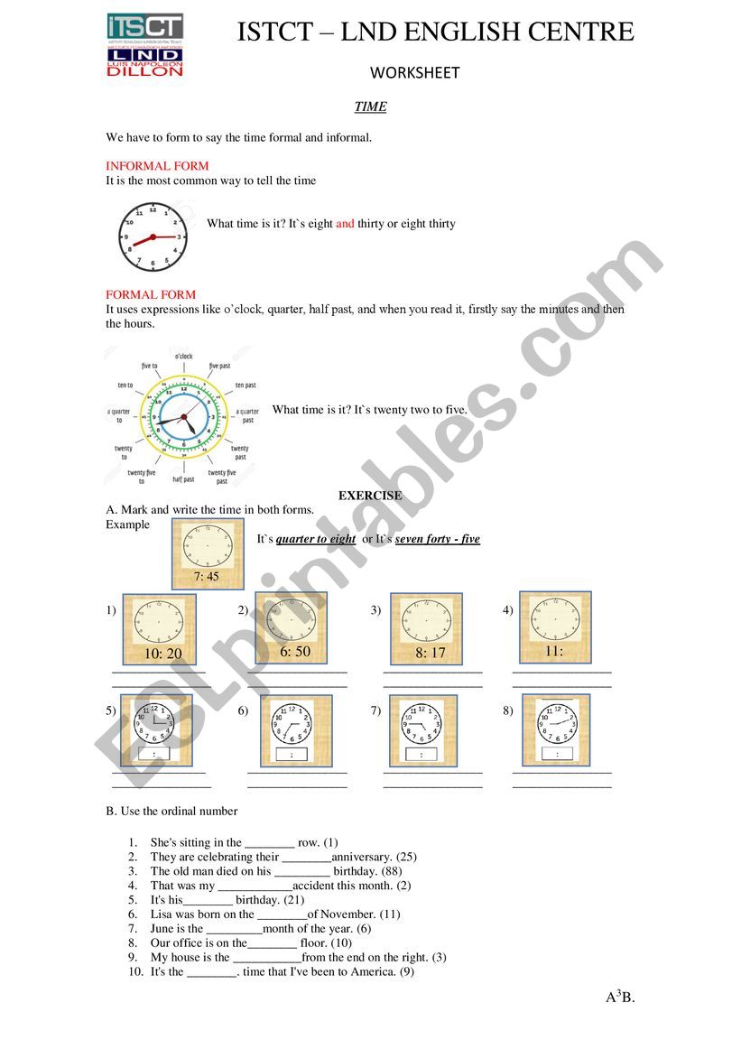 TIME AND ORDINAL NUMBERS  worksheet