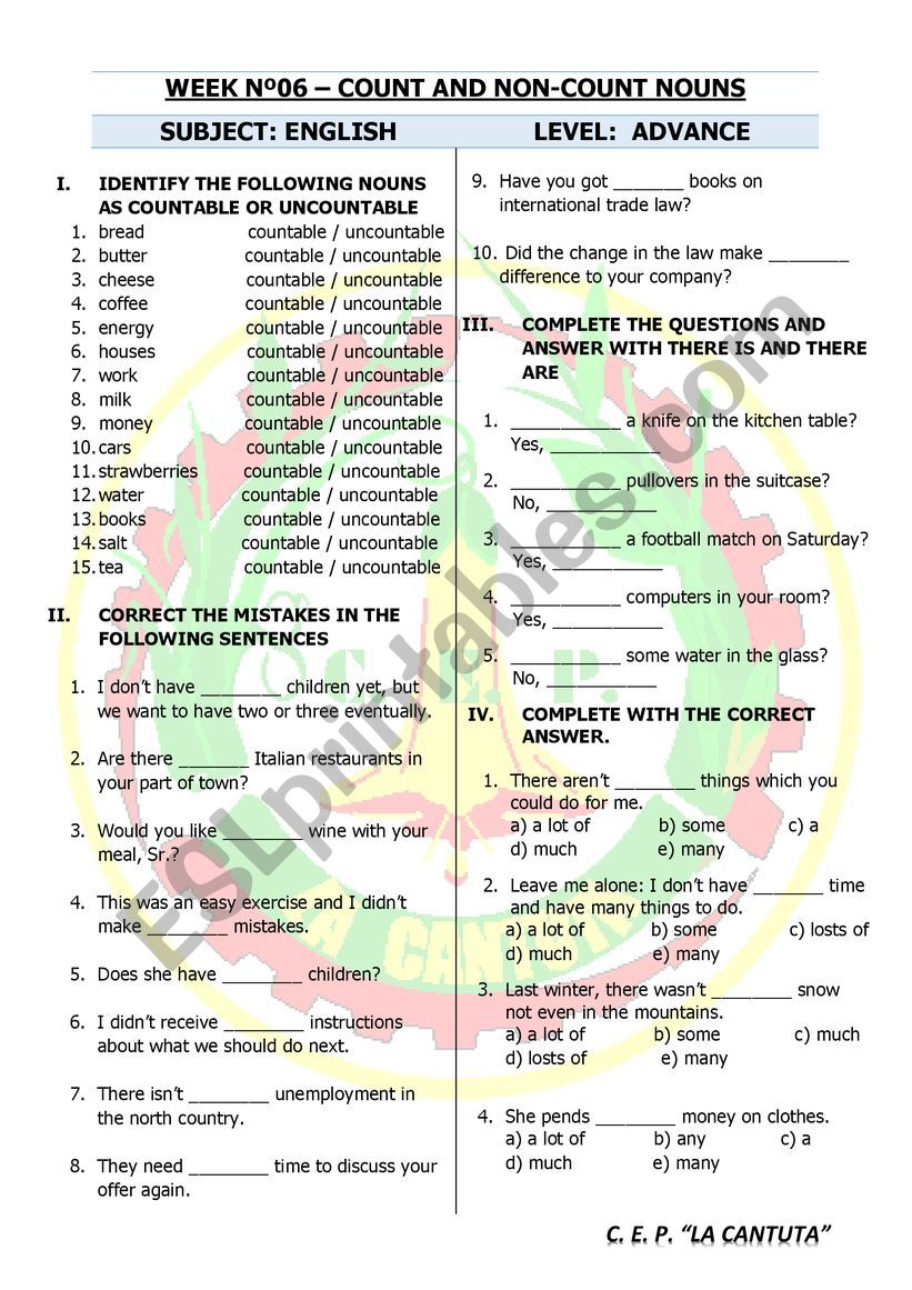 COUNT AND NON COUNT NOUNS worksheet