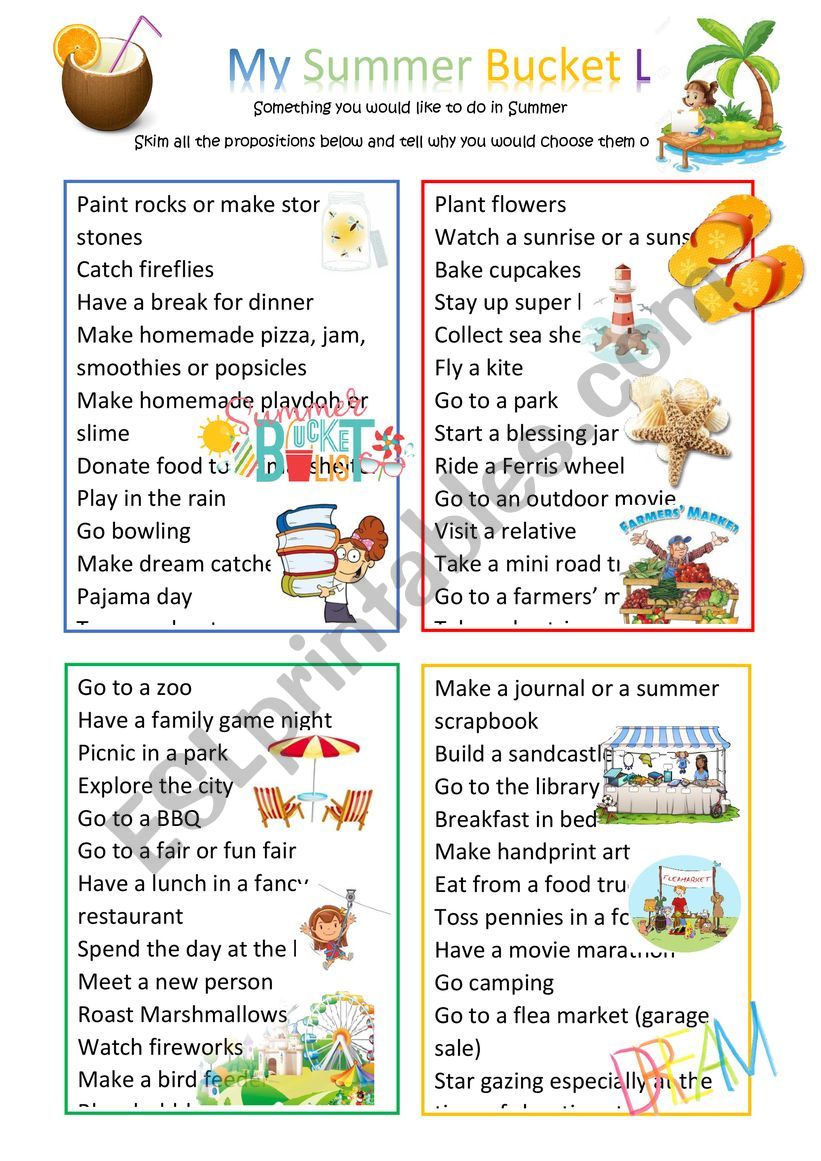 My summer bucket list worksheet