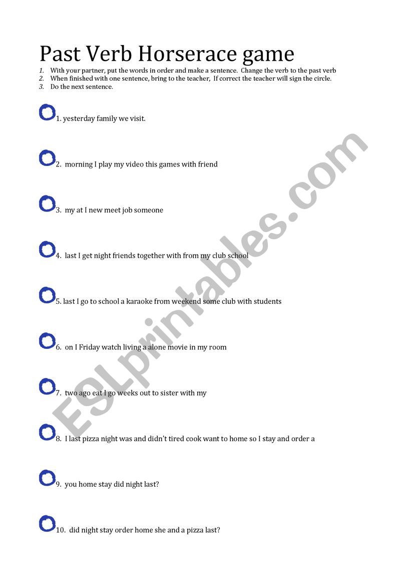 Past Verb Horserace game worksheet