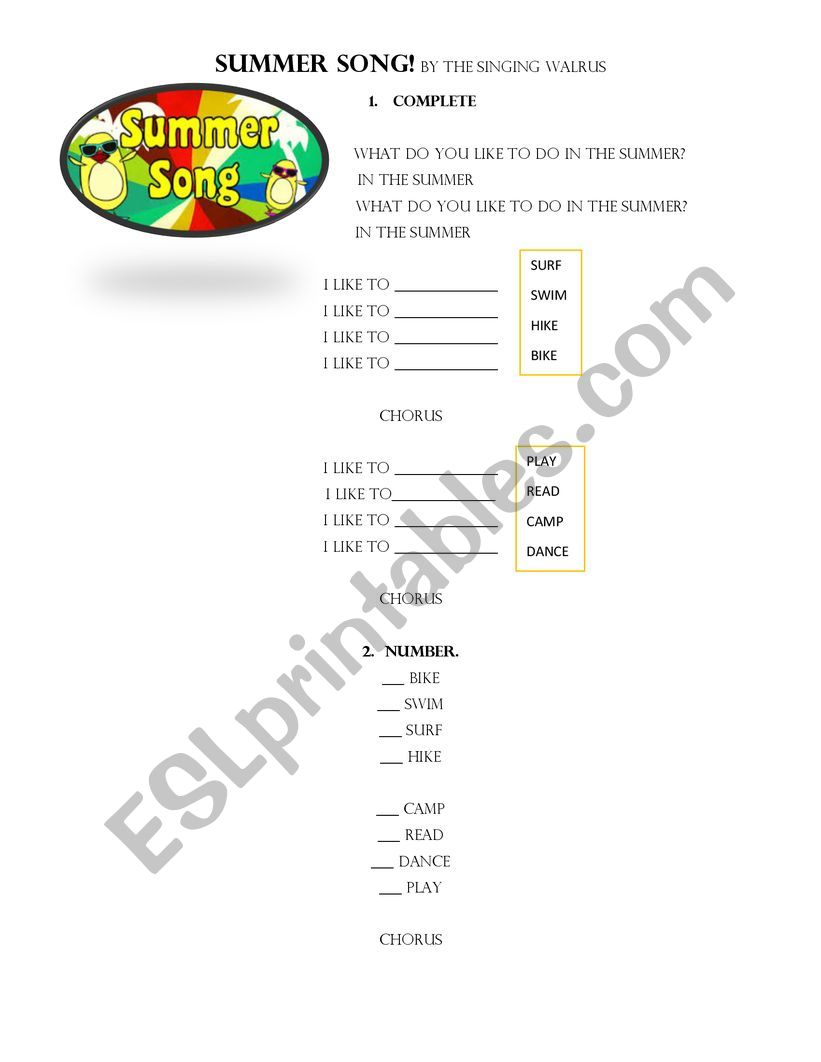 Summer song worksheet