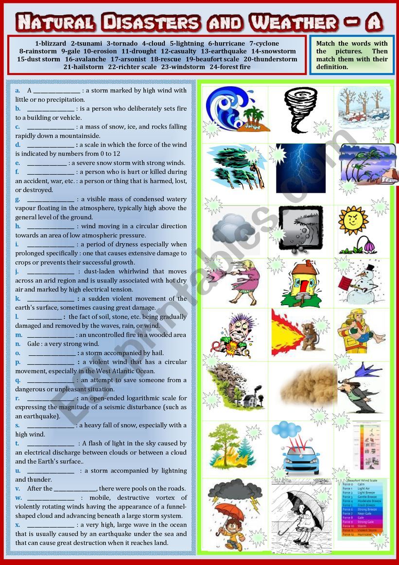 Natural Disasters and Weather A. Pictionary + matching words with definitions + KEY