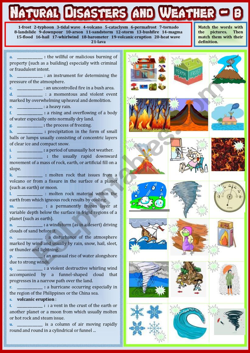 Natural Disasters and Weather B. Pictionary + matching words with definitions + KEY