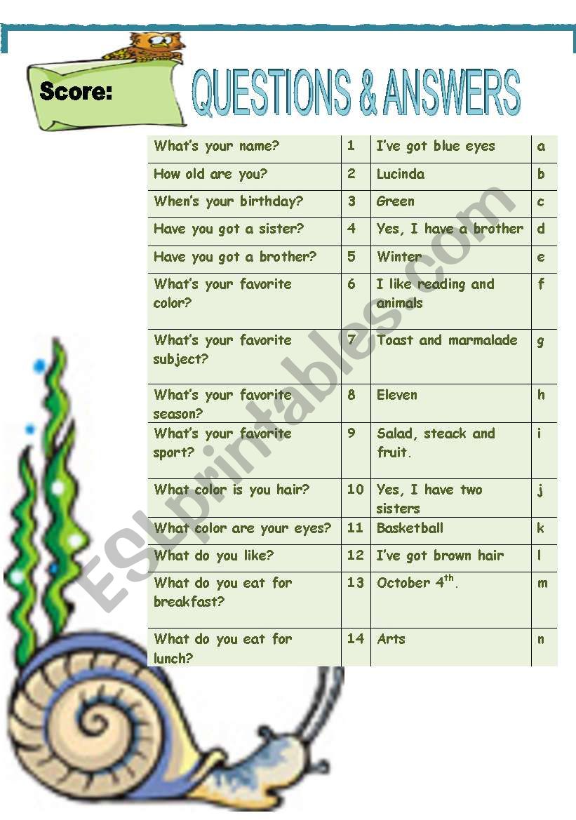 General questions and answers matching (young learners)