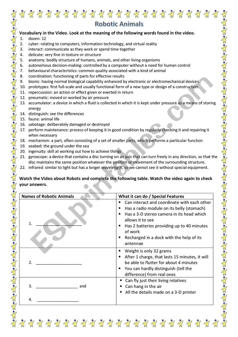 Robotic Animals worksheet