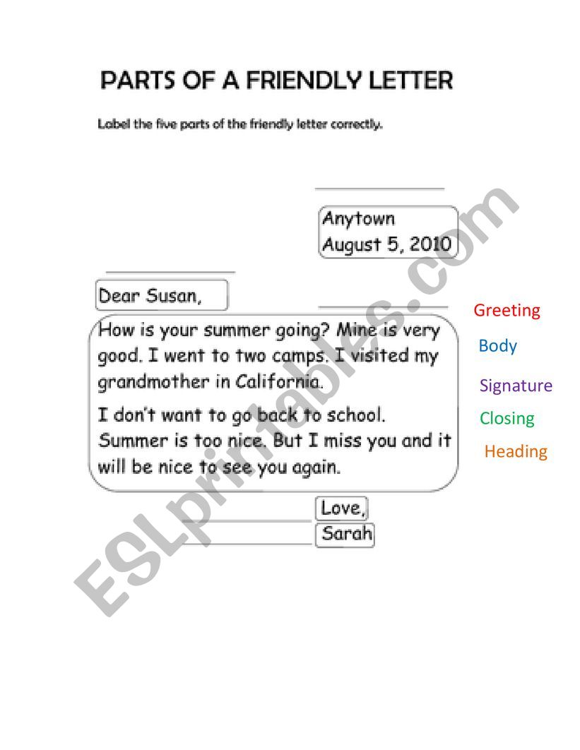 Parts of a friendly letter worksheet