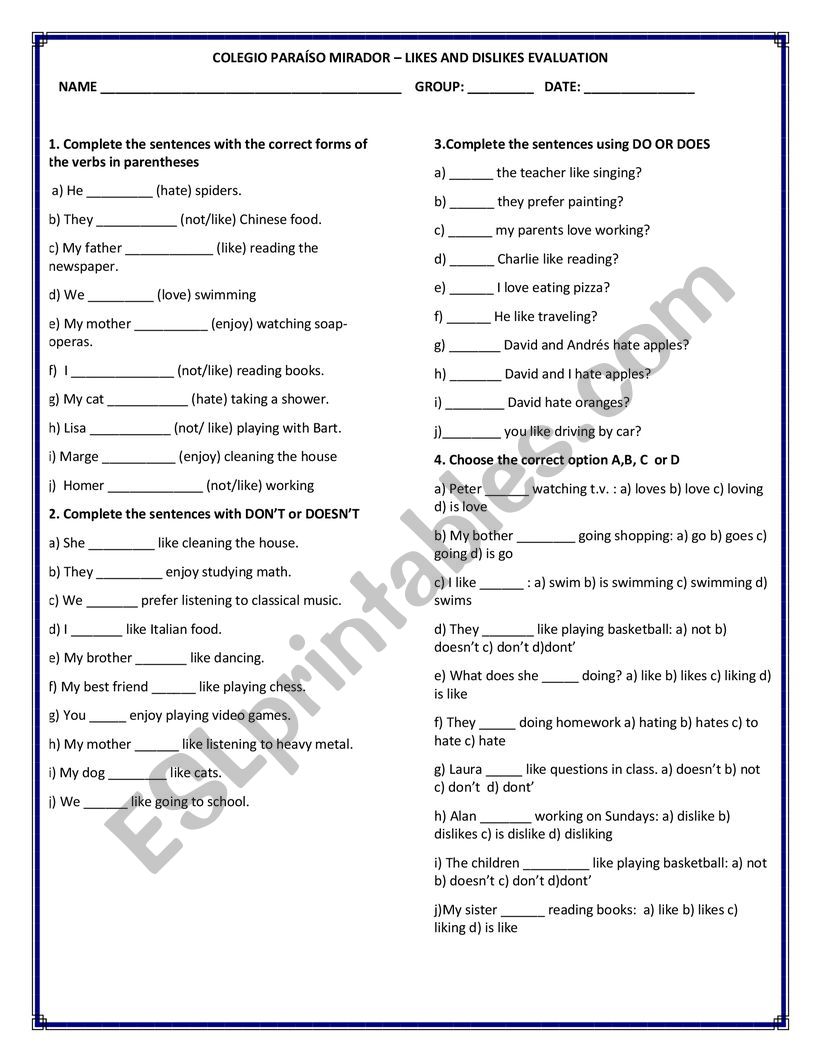 likes-dislikes worksheet