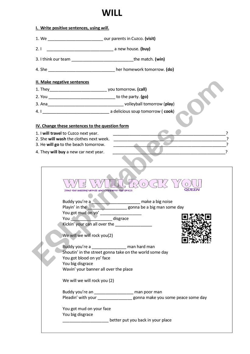 will wont song activity worksheet