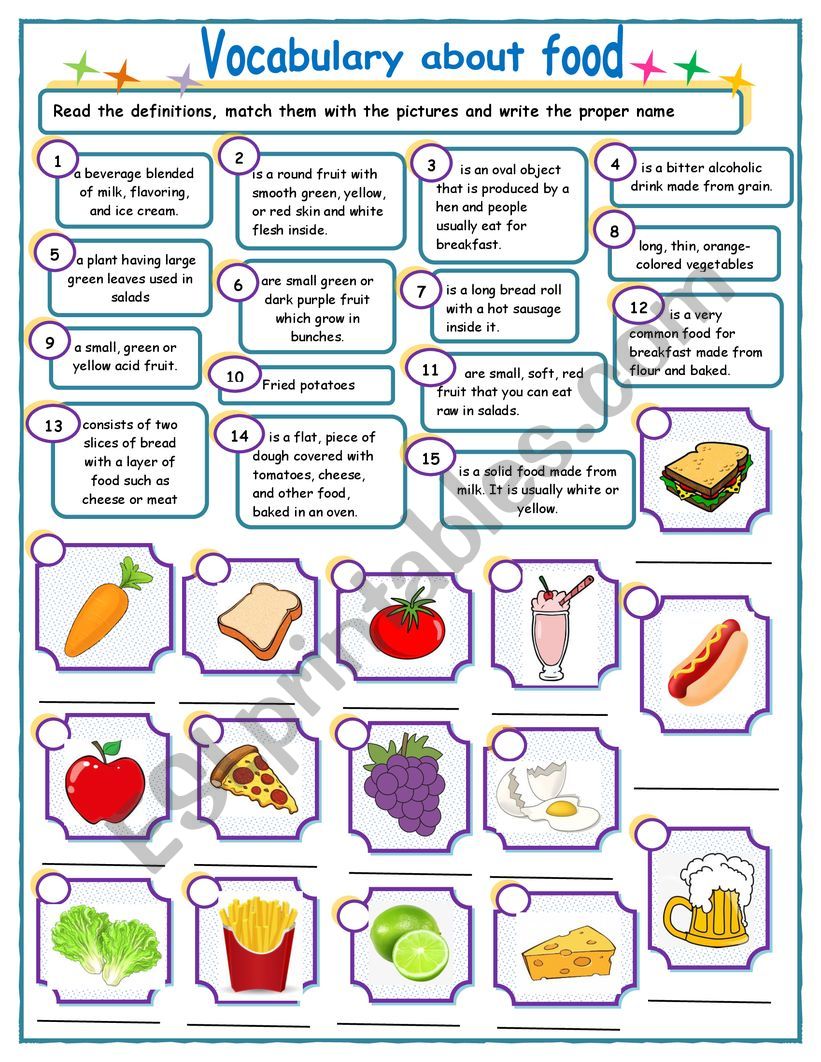 Vocabulary about food worksheet