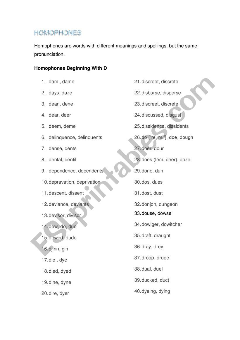 Homophones with D worksheet