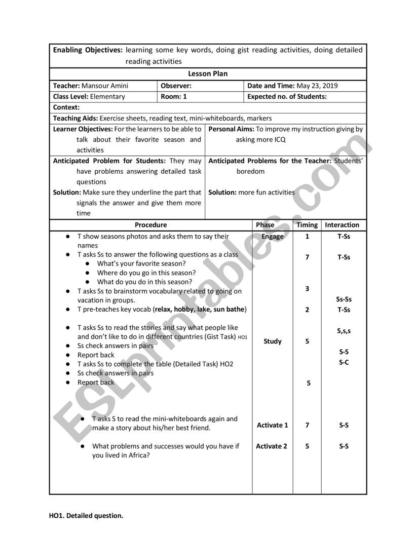 reading lesson plan worksheet