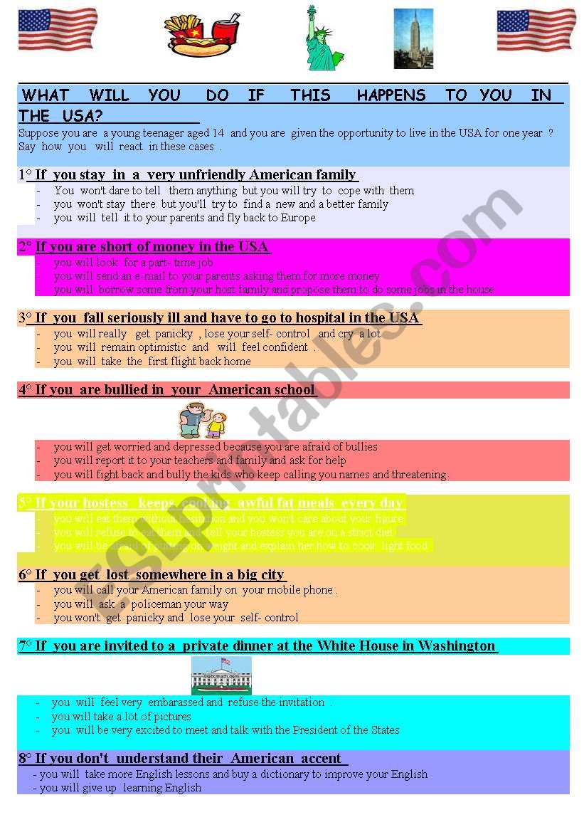 quizz:+ worksheet about  the future will/wont :What will you do if this happens to you in the USA? 