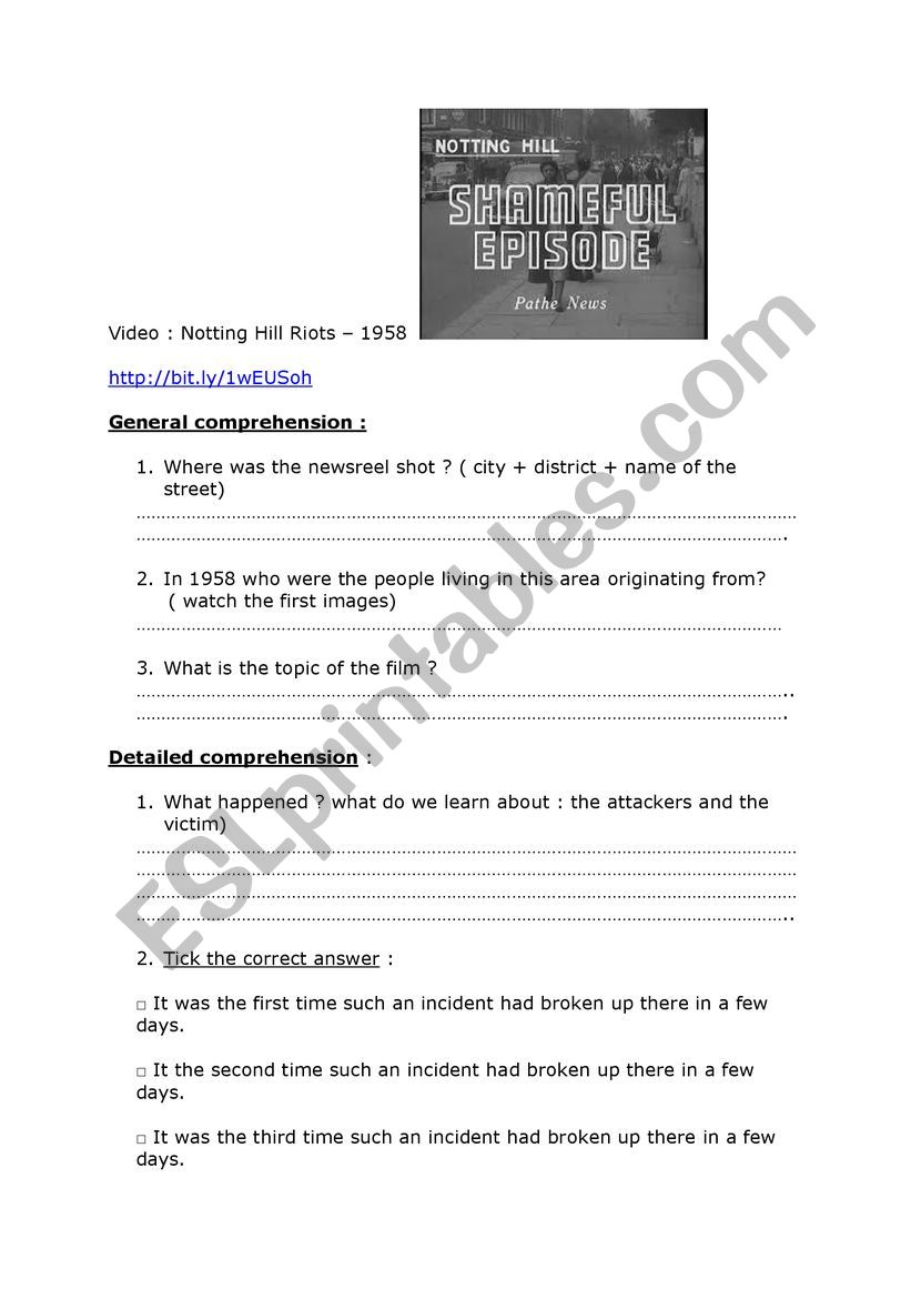 Notting Hill riots in 1958 worksheet