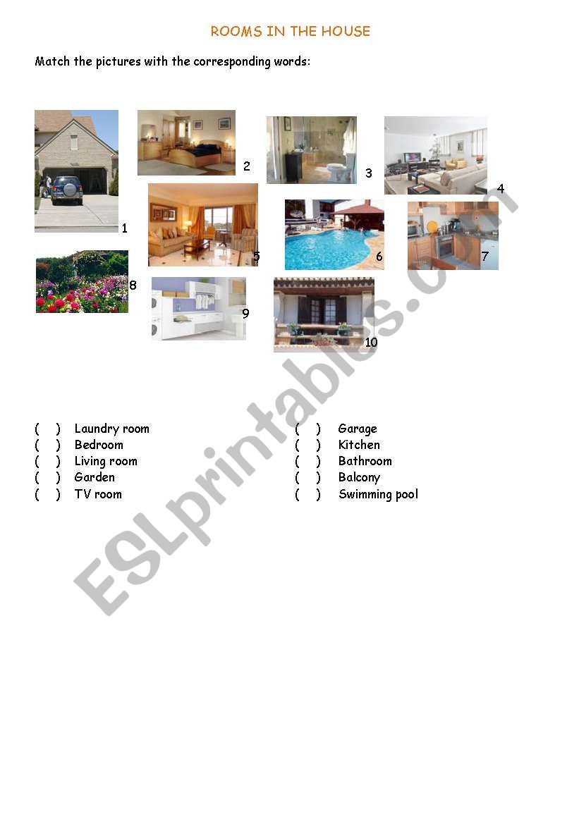 Rooms in the house - matching worksheet