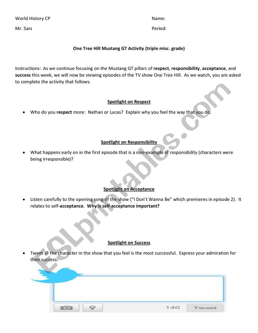One Tree Hill Activity worksheet