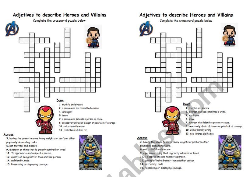 Adjectives crossword worksheet