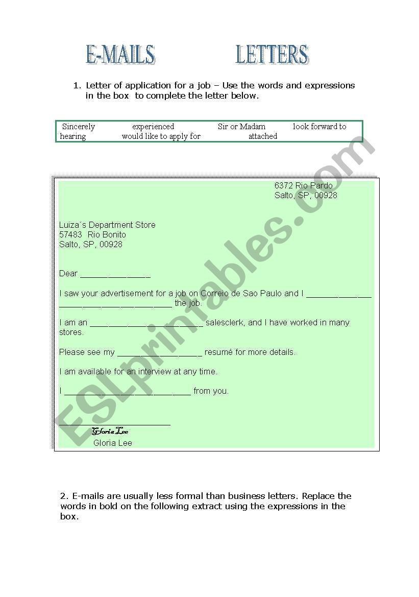 Business E-Mails  and Letters worksheet