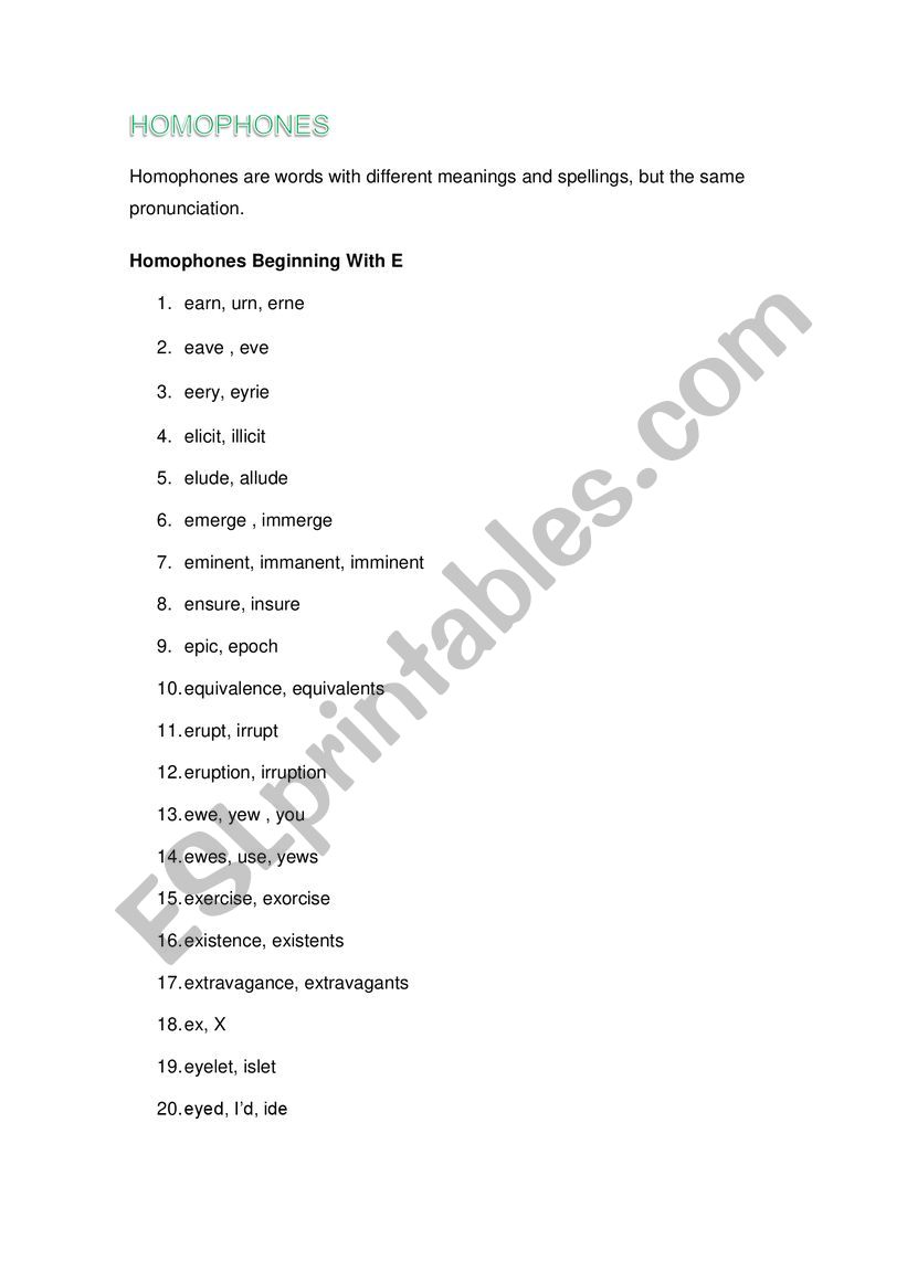 Homophones with E worksheet