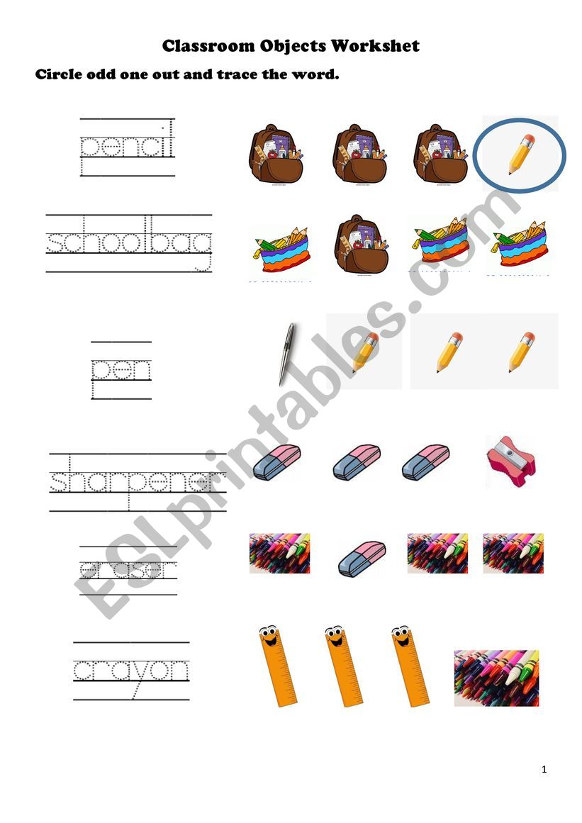 Classroom objects worksheet P1